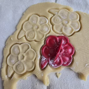 Cutout Cookies Before Baking: Unbaked butter cutout cookies with detailed shapes ready for the oven.